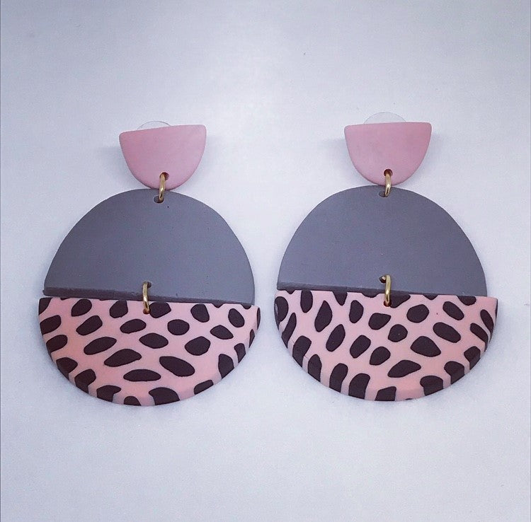PINK, GREY AND BLACK DOTTED POLY STUDS